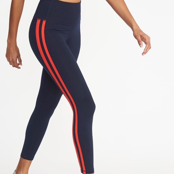 Navy Athletic Leggings With Red Side 